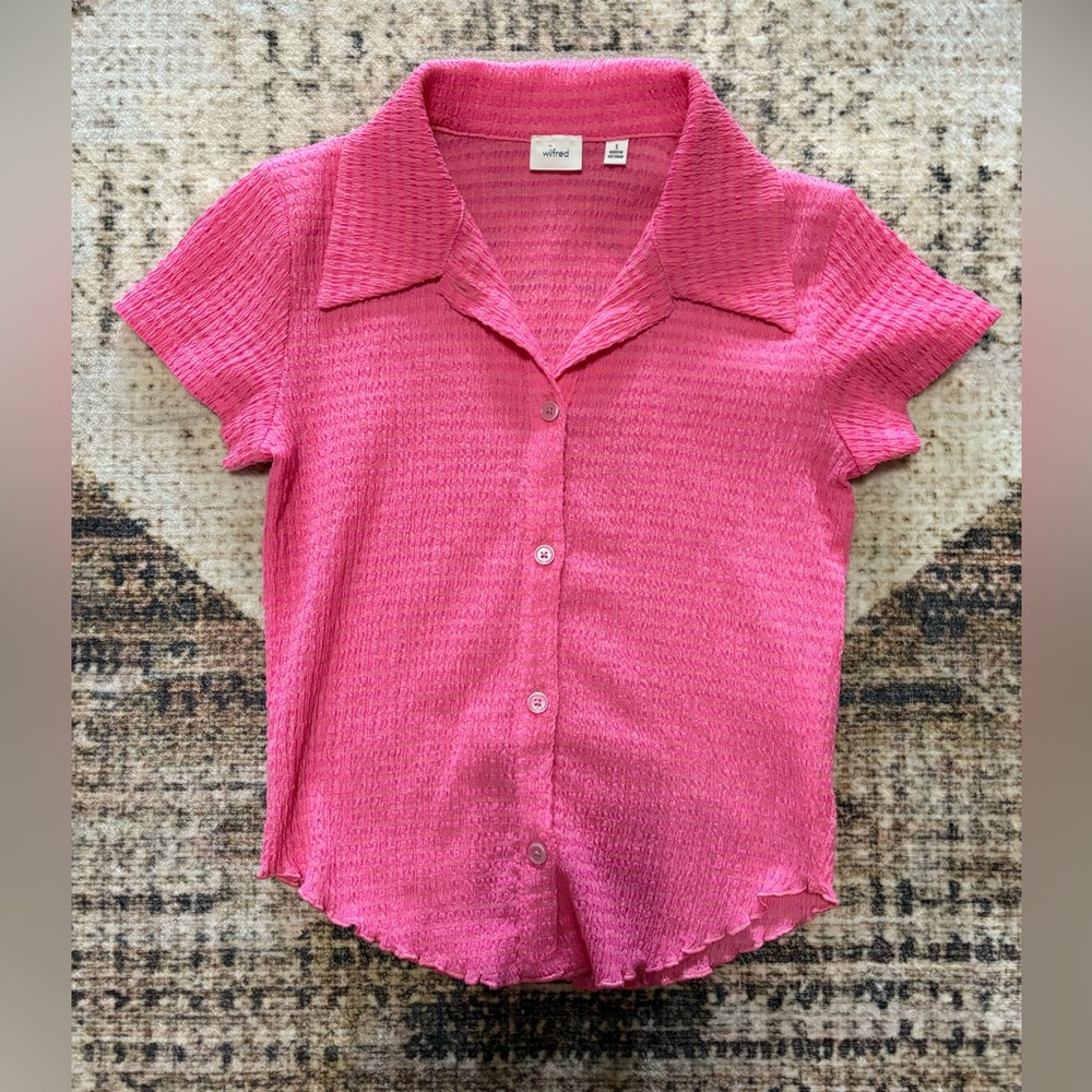 Wilfred Hot Pink Short Sleeve Crinkled Button Up Cropped Shirt Size Small
